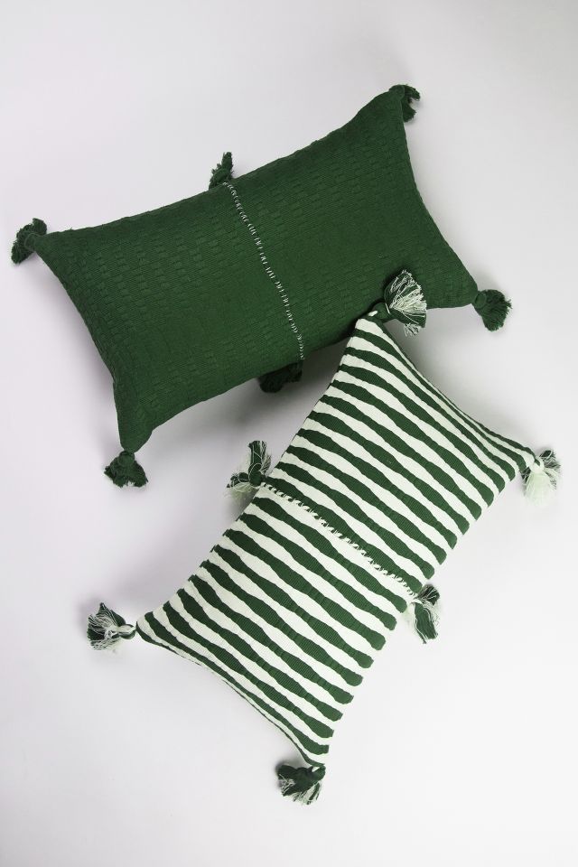 Handwoven solid olive green w/ green stripe cotton throw pillow