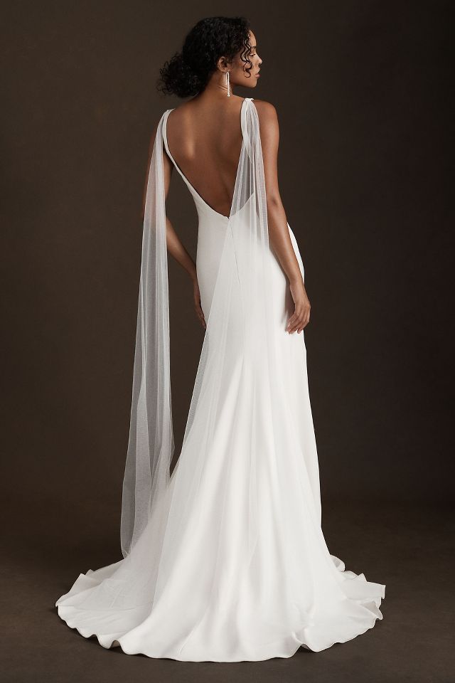 Jenny Yoo Tana Plunge Crepe Shoulder Fabric Wedding Gown