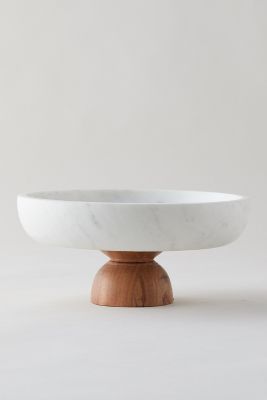 Terrain Marble + Acacia Wood Footed Serving Bowl In White