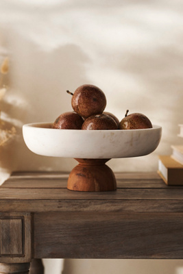 Marble + Acacia Wood Footed Serving Bowl