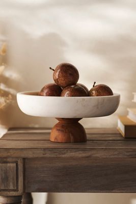 Marble + Acacia Wood Footed Serving Bowl