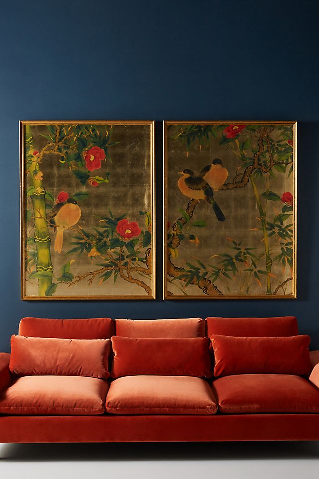 Bamboo Garden Birds Wall Art Anthroliving - Red And Gold Leaf Wall Art For Living Room