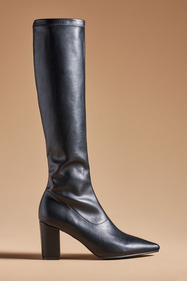 Block Heel Knee High Boots - Black Leather