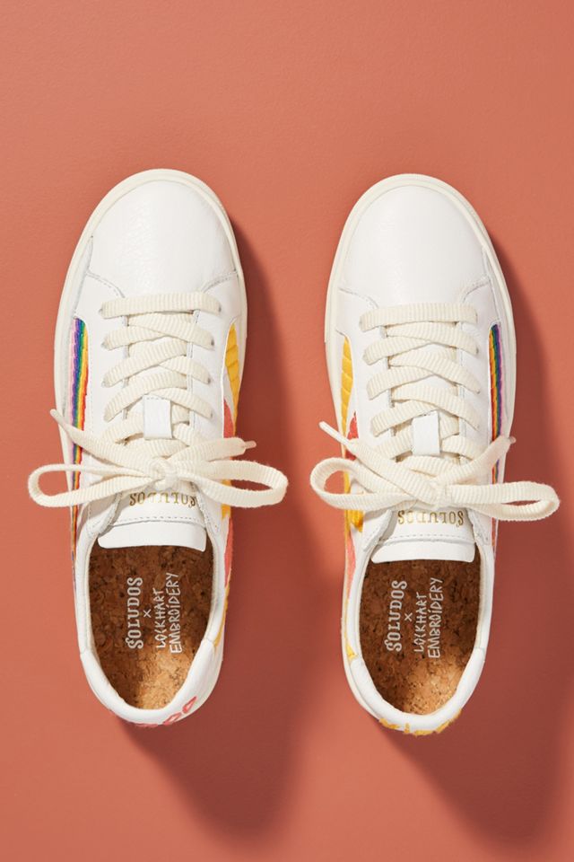 Soludos Rainbow Wave - Sneakers Donna Basse In Pelle Con Ricami Arcobaleno E Sole, Suola Gomma, Colori Neutri