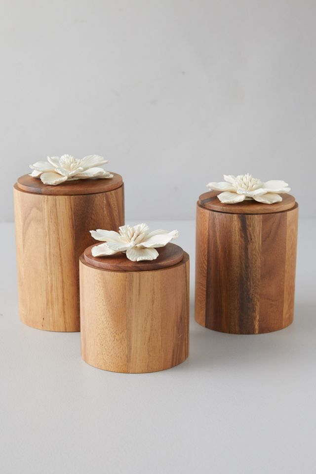 Acacia Wood Canister, Decorative Magnoila Lid #3