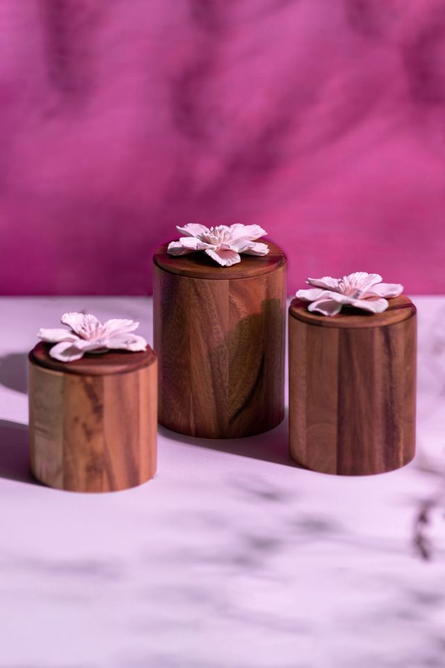 Acacia Wood Canister, Decorative Magnoila Lid #6