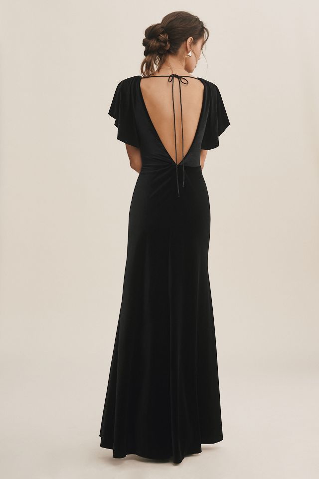 Jenny Yoo Ellis Flutter Sleeve Open Back Stretch Velvet Gown