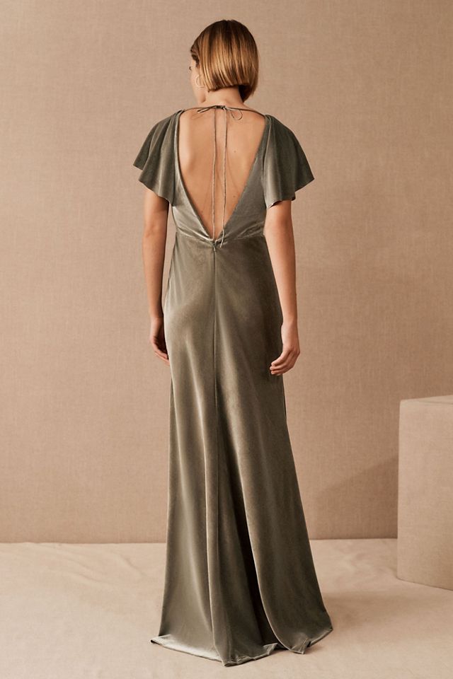 Jenny Yoo Ellis Flutter-Sleeve Open-Back Stretch Velvet Gown #1