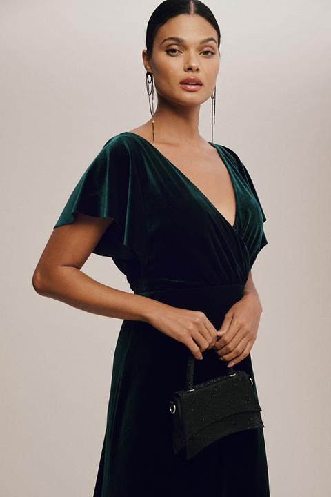 Jenny Yoo Ellis Flutter-Sleeve Open-Back Stretch Velvet Gown