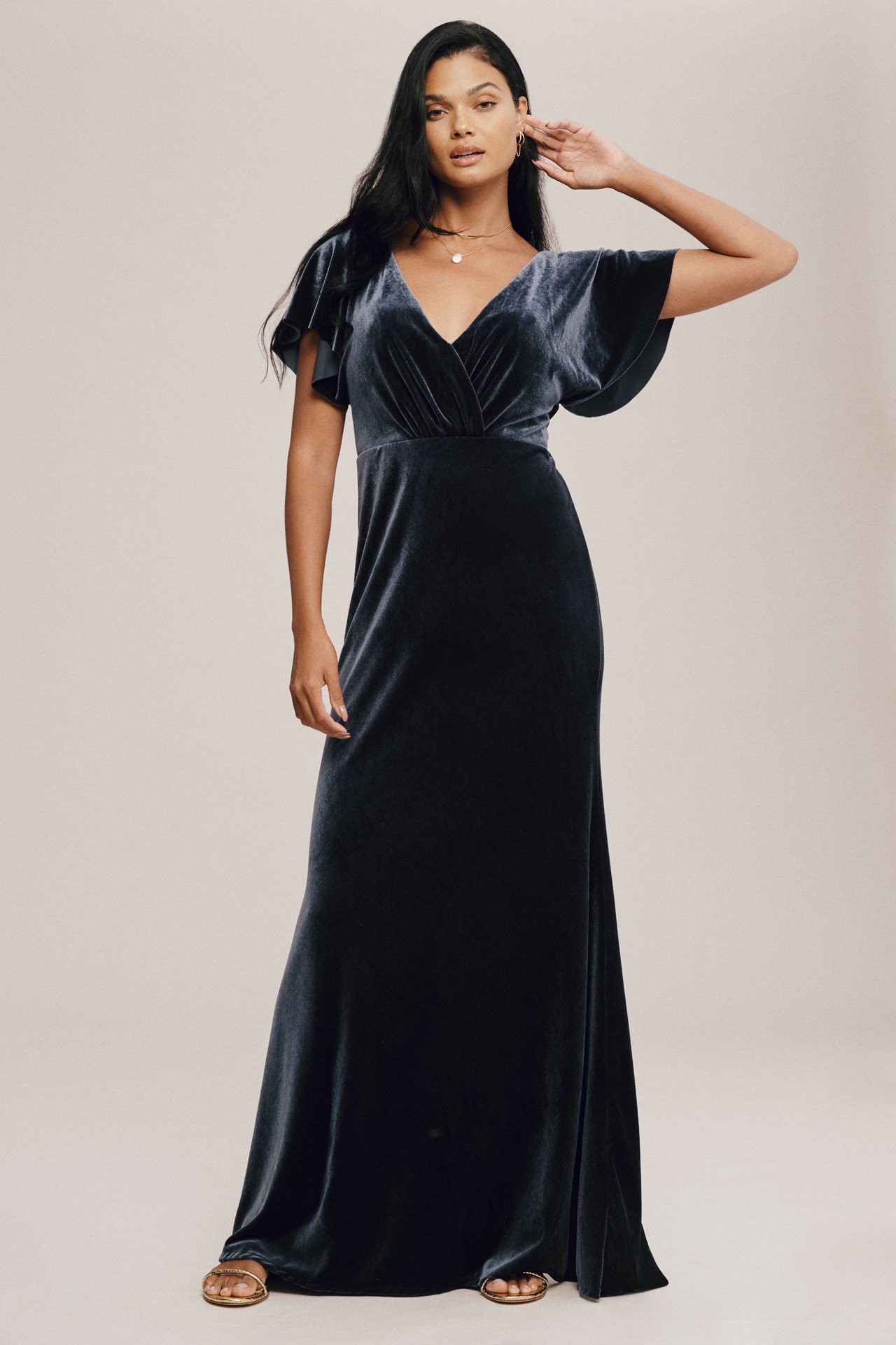 Jenny Yoo Ellis Flutter-Sleeve Open-Back Stretch Velvet Gown