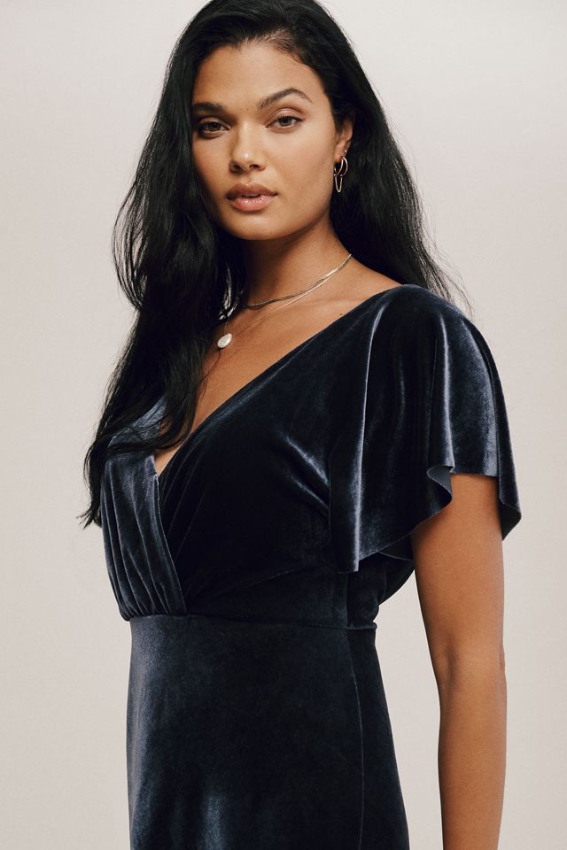 Jenny Yoo Ellis Flutter-Sleeve Open-Back Stretch Velvet Gown