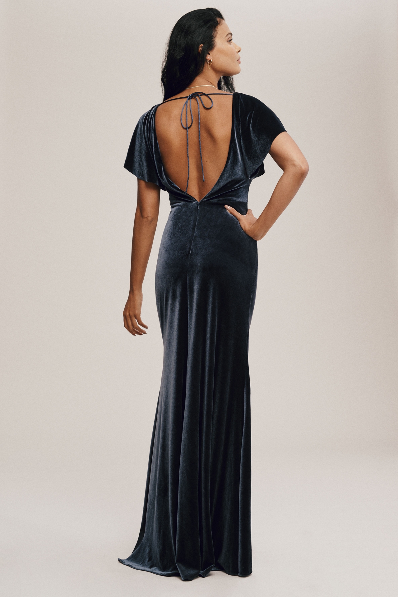 Jenny Yoo Ellis Flutter-Sleeve Open-Back Stretch Velvet Gown