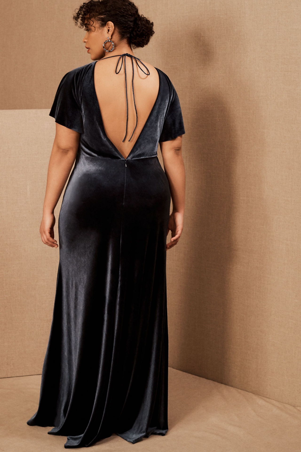Jenny Yoo Ellis Flutter-Sleeve Open-Back Stretch Velvet Gown