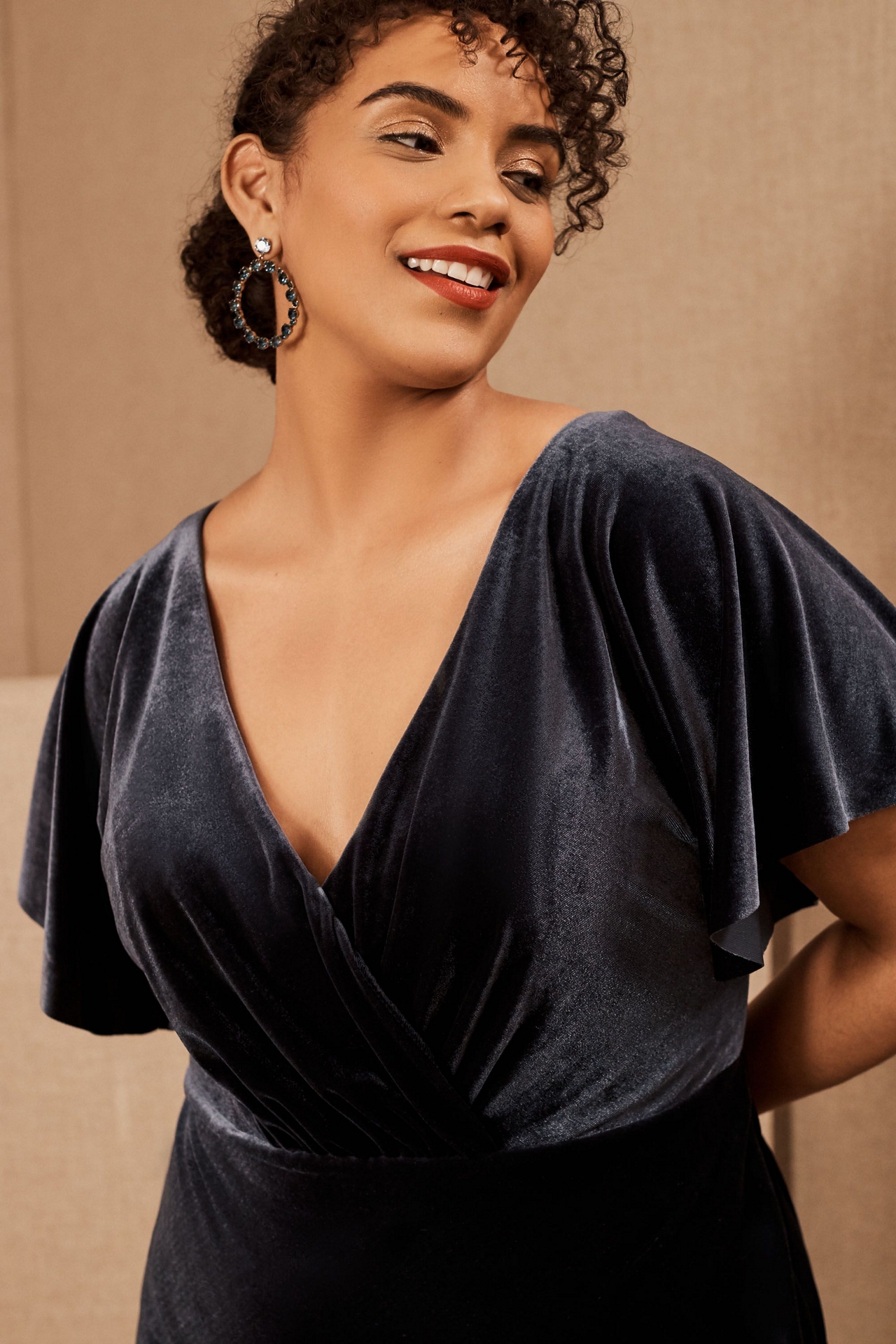 Jenny Yoo Ellis Flutter-Sleeve Open-Back Stretch Velvet Gown