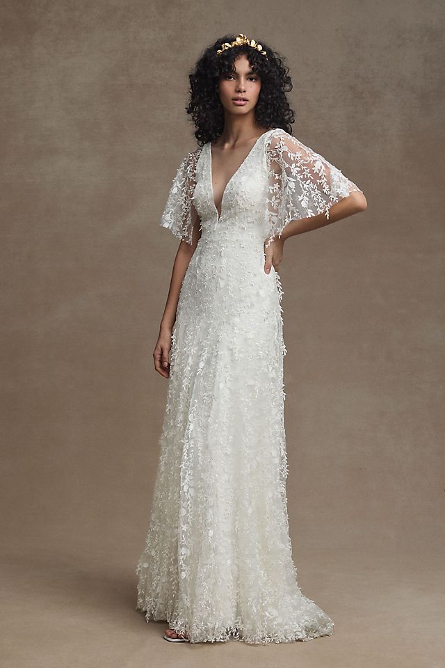 v neck lace wedding dress Deep Boho Long Sleeve Rustic Wedding Dress WD373 US16 / White plus size and custom made Available BASTINA | Mermaid wedding dress