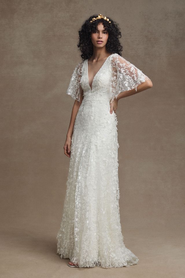 Jenny by Jenny Yoo Lourdes V-Neck Convertible-Sleeve Lace Wedding Gown |  Anthropologie