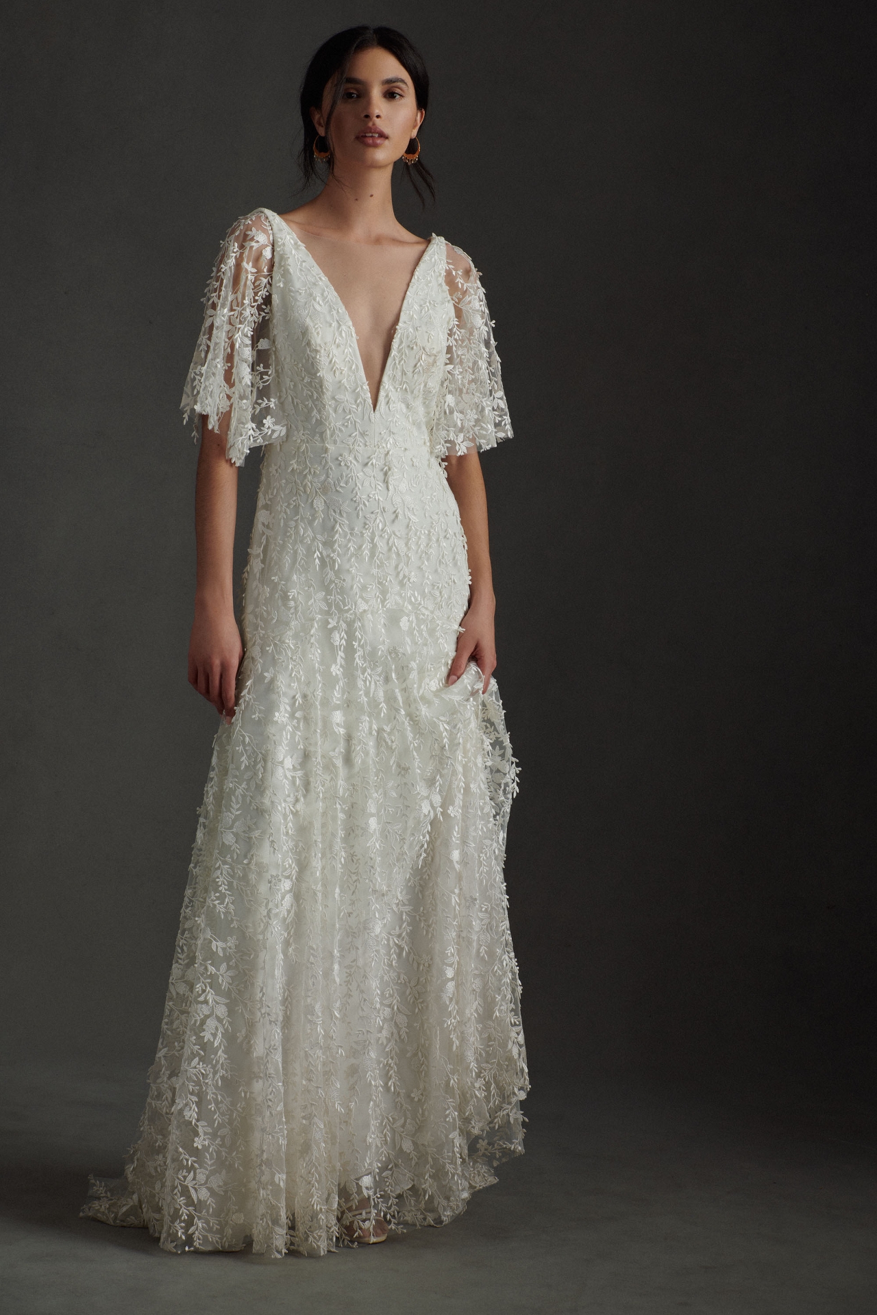 Jenny by Yoo Lourdes V-Neck Convertible-Sleeve Lace Wedding Gown