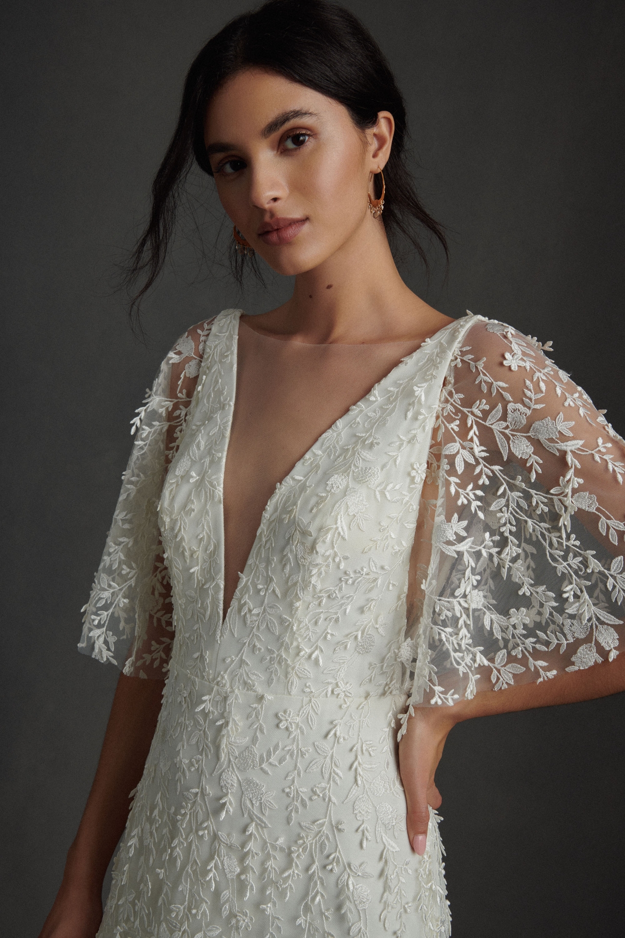 Jenny by Yoo Lourdes V-Neck Convertible-Sleeve Lace Wedding Gown