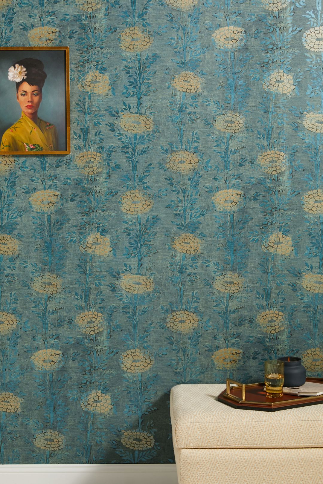 French Marigold Textured Floral Wallpaper - Turquoise, Standard, One Size