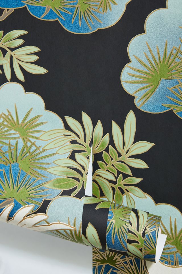 Sprig and Heron Black Floral Wallpaper #1