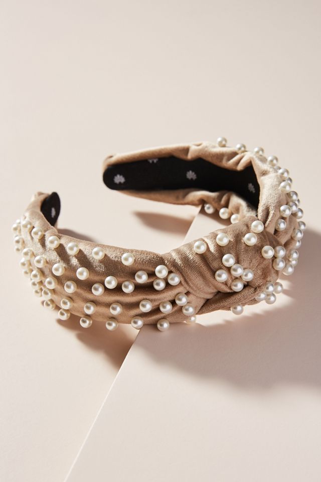 Lele Sadoughi Velvet Pearl Knotted Headband in Taupe Lele Sadoughi Velvet Pearl Knotted Headband - Jet - Murray main image 3