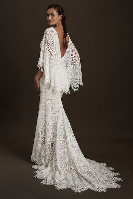 BHLDN Odalis Cape Sleeve Deep V Lace Wedding Gown Anthropologie