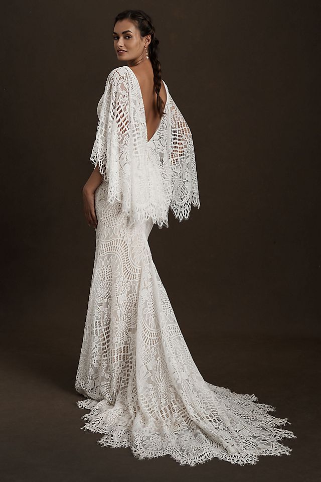 BHLDN Odalis Cape-Sleeve Deep-V Lace Wedding Gown New Wedding Dress Save  23% - Stillwhite