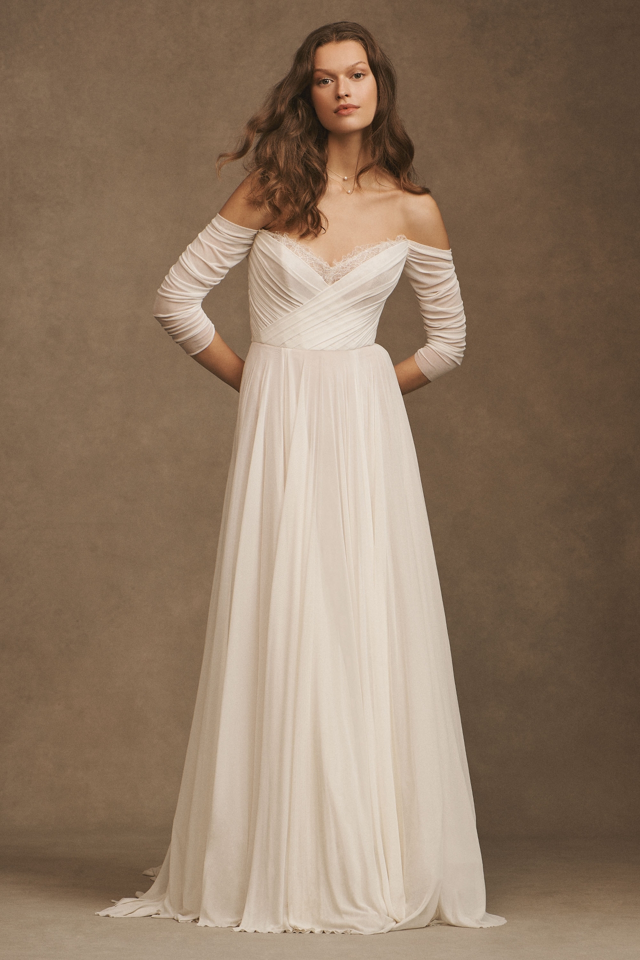 Wtoo by Watters Miles V-Neck Ruched-Sleeve Mesh Wedding Gown