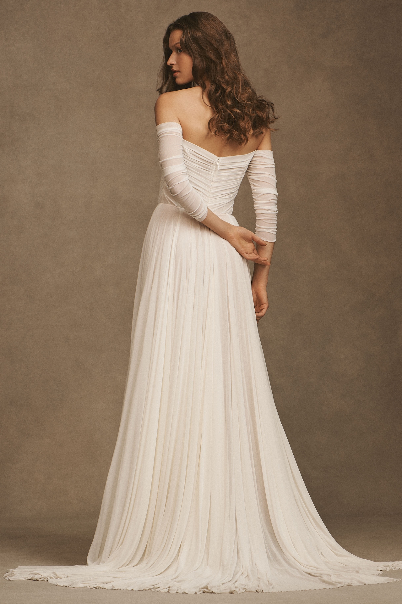 Wtoo by Watters Miles V-Neck Ruched-Sleeve Mesh Wedding Gown