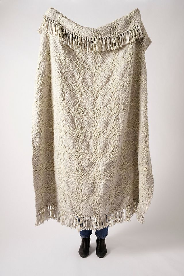 Anthropologie Textured Chenille Throw Fringe Ivory Chunky Knit 