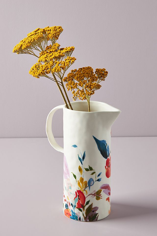 Anthropologie Pitcher BRYNNE Stoneware Handle Flowers Bug 9" 47 oz Vase NWT