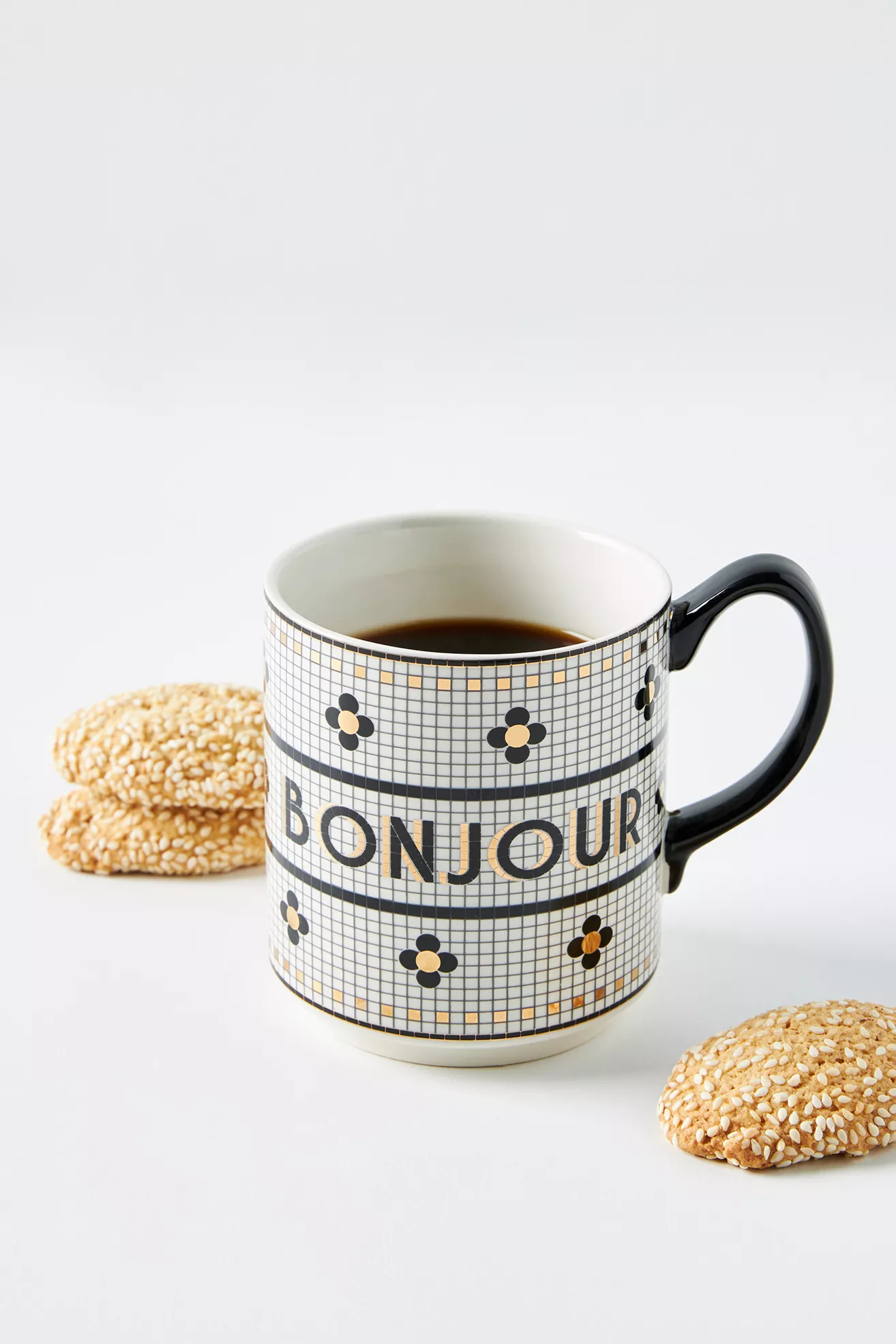 Bistro Tile Stoneware 24k Gold Accent Bonjour Mug