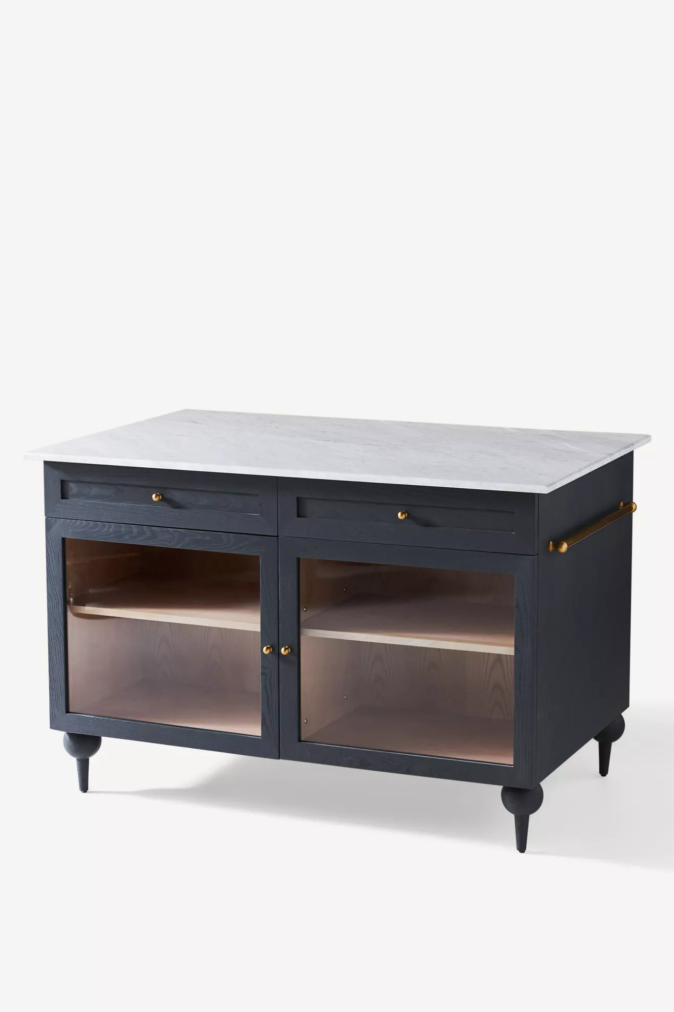 Front view of navy kitchen island with glass-front cabinets and marble top