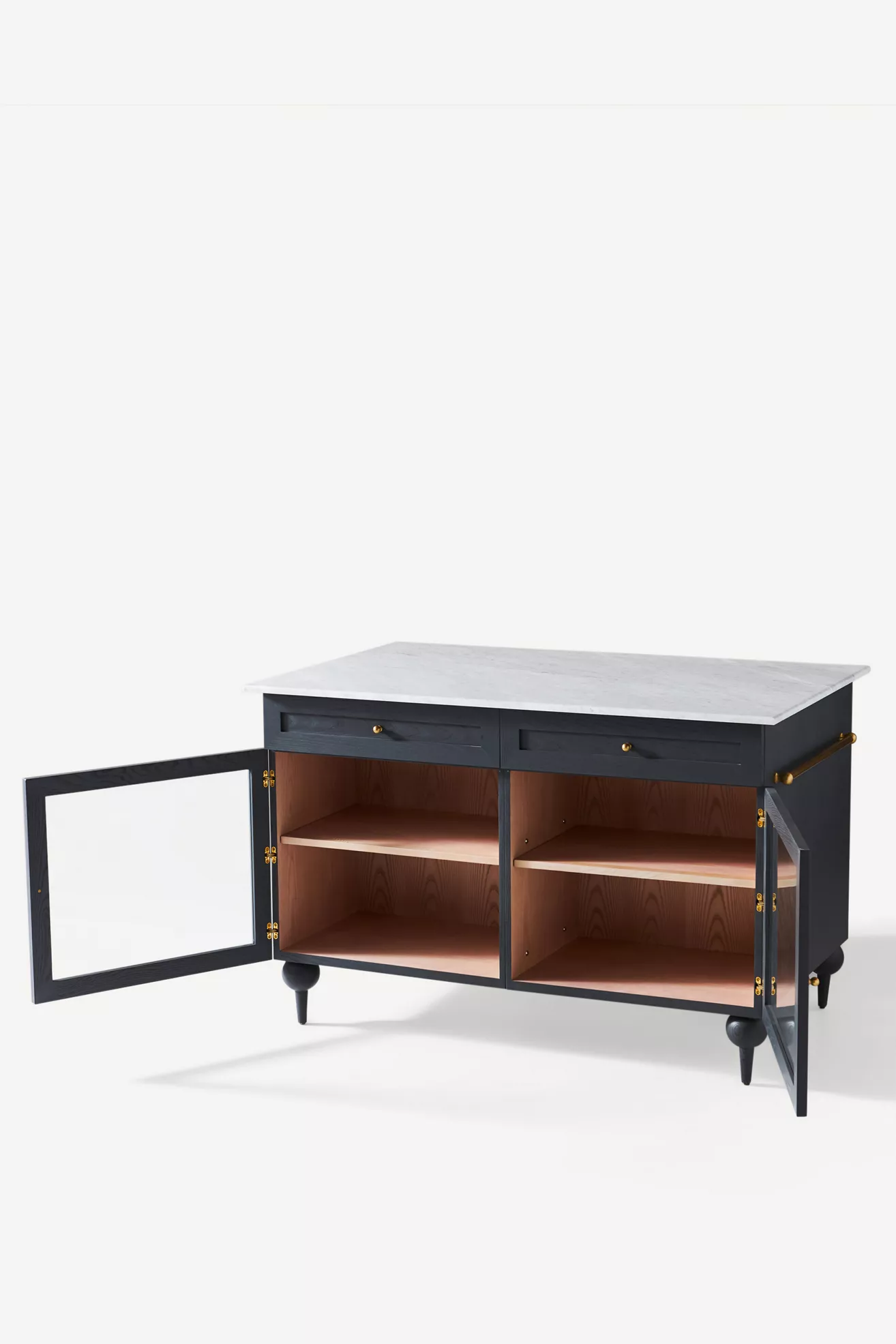 Open cabinet doors showing interior storage