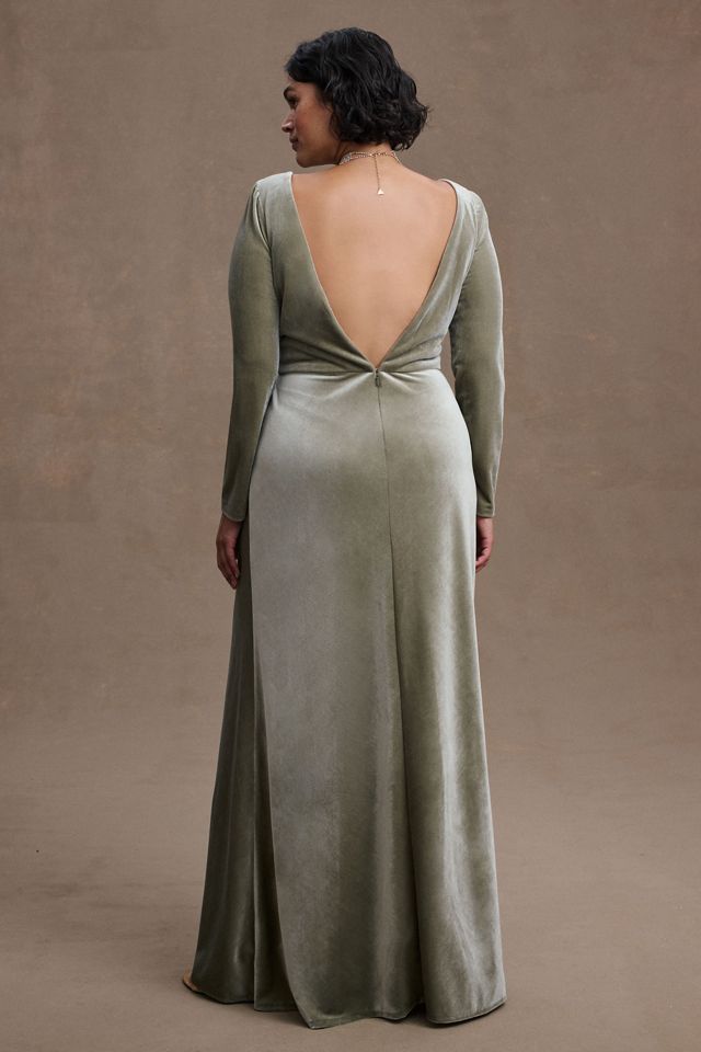 Jenny Yoo Ryland V-Neck Long-Sleeve Open-Back Stretch Velvet Gown