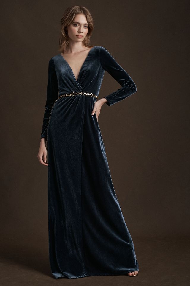 Jenny Yoo Ryland V-Neck Long-Sleeve Open-Back Stretch Velvet Gown