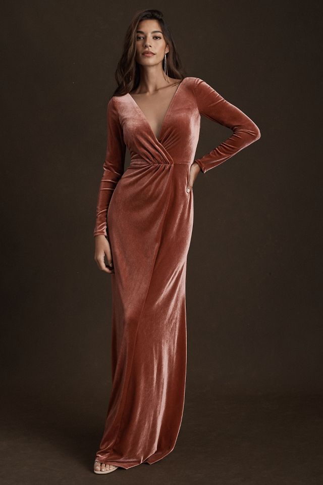 Jenny Yoo Ryland V-Neck Long-Sleeve Open-Back Stretch Velvet Gown