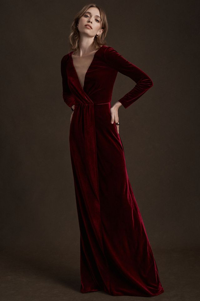 Jenny Yoo Ryland V-Neck Long-Sleeve Open-Back Stretch Velvet Gown