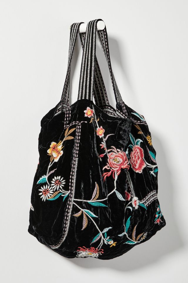 Johnny Was Othilia Black Velvet Tote Flowers Purse Bird Handbag Bag New