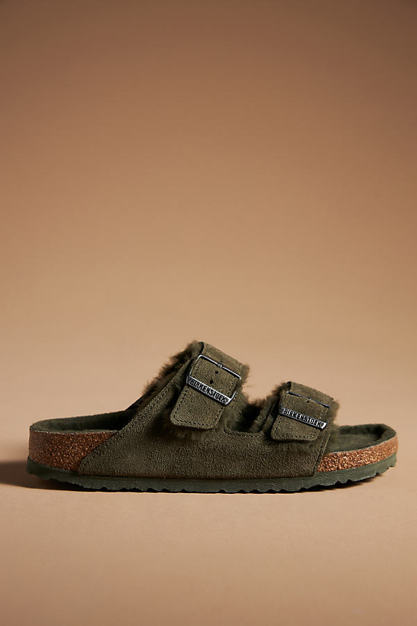 Birkenstock Arizona Shearling Suede Leather/fur Womens Sandals In Thyme