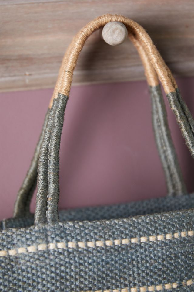 Woven Jute Tote Bag, Sage Stripe #2