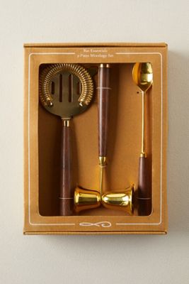 Gold + Teak Barware Tools, Set of 3