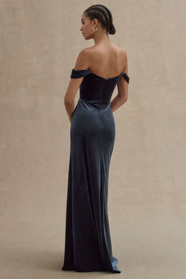 Jenny Yoo Issa Off-The-Shoulder Stretch Velvet Column Gown