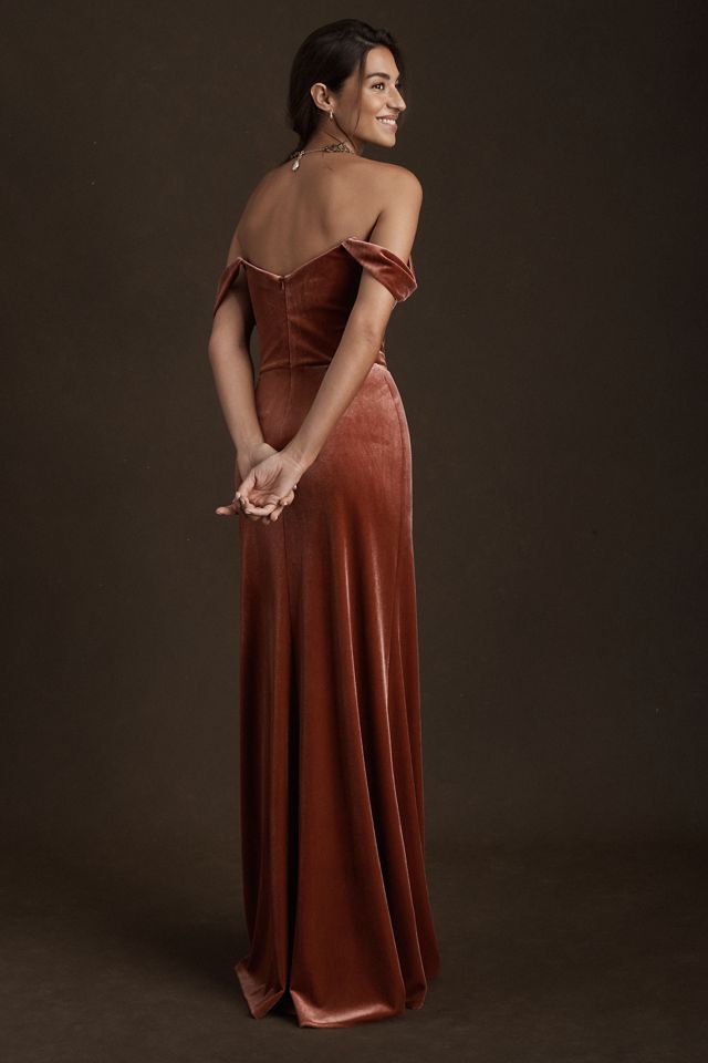 Jenny Yoo Issa Off-The-Shoulder Stretch Velvet Column Gown #1
