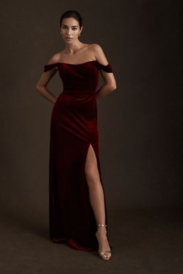 Jenny Yoo Issa Off-The-Shoulder Stretch Velvet Column Gown