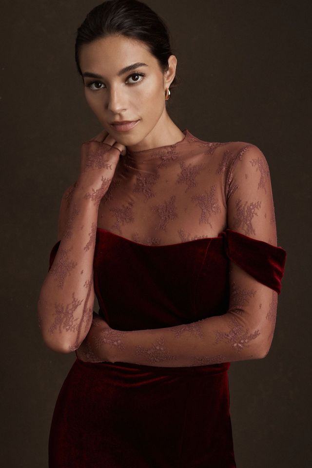 Jenny Yoo Issa Off-The-Shoulder Stretch Velvet Column Gown #2