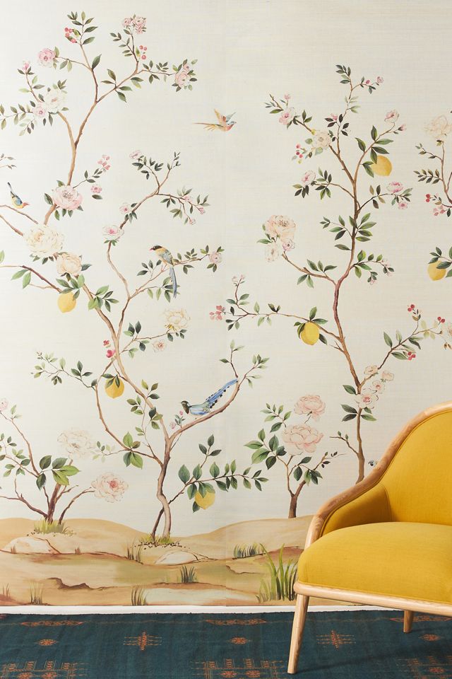 Silver Blossom Chinoiserie Grasscloth Wall Mural