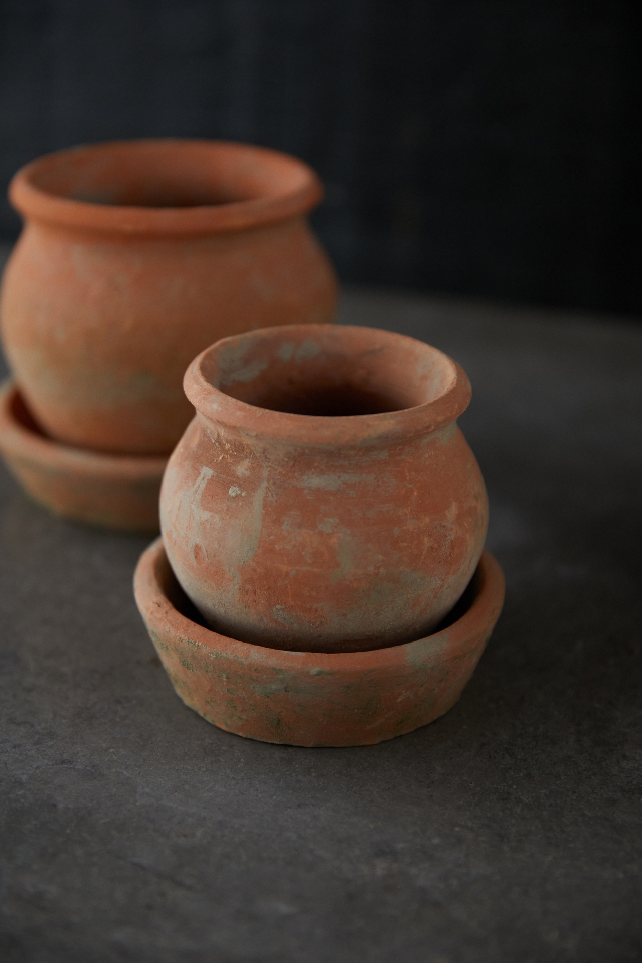 Earth Fired Clay Natural Curve Pots + Saucers, Set of 3 Sizes