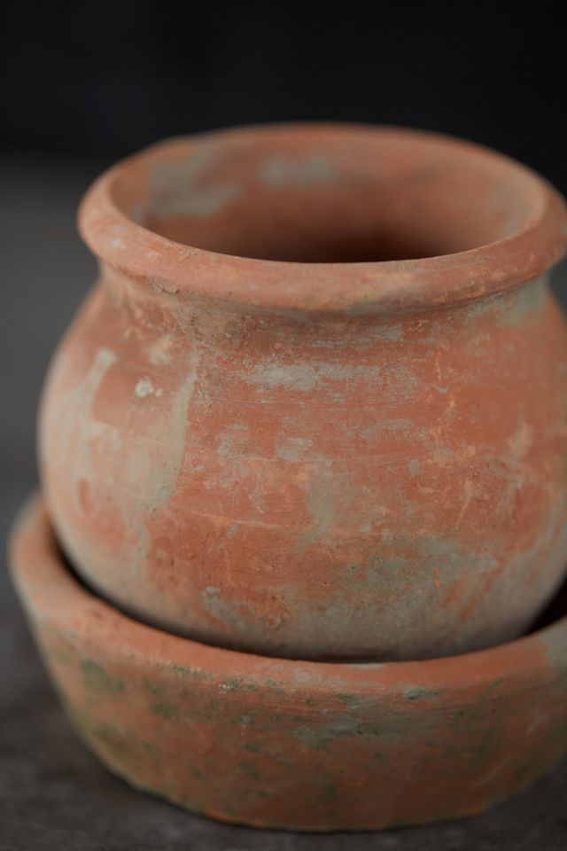 Earth Fired Clay Natural Curve Pots + Saucers, Set of 3 Sizes #7