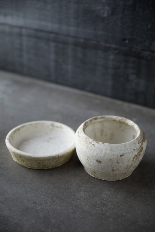 Earth Fired Clay White Curve Pots + Saucers, 2 Sizes Set #6